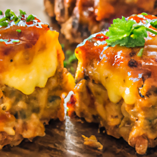 An image of succulent Cheesy Meat Loaf Minis, oozing with melted cheddar cheese, adorned with a golden crust, and served on a rustic wooden platter alongside vibrant green herbs, enticing readers to savor each bite