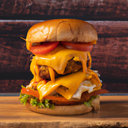 An image of a succulent chicken burger, perfectly grilled to golden perfection, nestled between a fluffy brioche bun