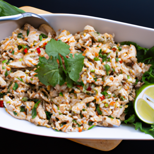 An image showcasing a vibrant platter of Chicken Larb, with succulent minced chicken tossed in aromatic herbs, tangy lime juice, and fiery chili flakes, garnished with fresh cilantro and served on crisp lettuce leaves