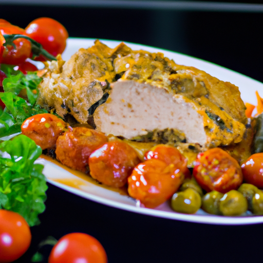 An image showcasing a succulent Chicken Meat Loaf, perfectly browned and sizzling, served alongside vibrant roasted vegetables, emitting a mouthwatering aroma that fills the air