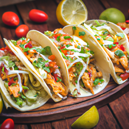 An image capturing the essence of chicken tacos: a warm, golden tortilla filled with tender grilled chicken, topped with vibrant salsa, crunchy lettuce, tangy lime, and a sprinkle of cilantro, all served on a rustic wooden platter