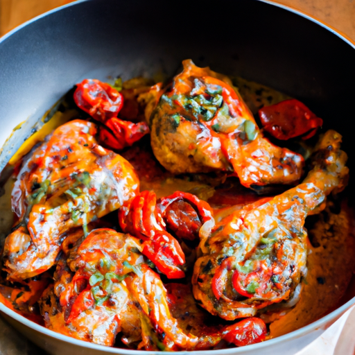 An image of succulent chicken thighs simmering in a vibrant cherry tomato sauce, adorned with aromatic herbs and sprinkled with freshly cracked black pepper, exuding irresistible flavors that tantalize the taste buds