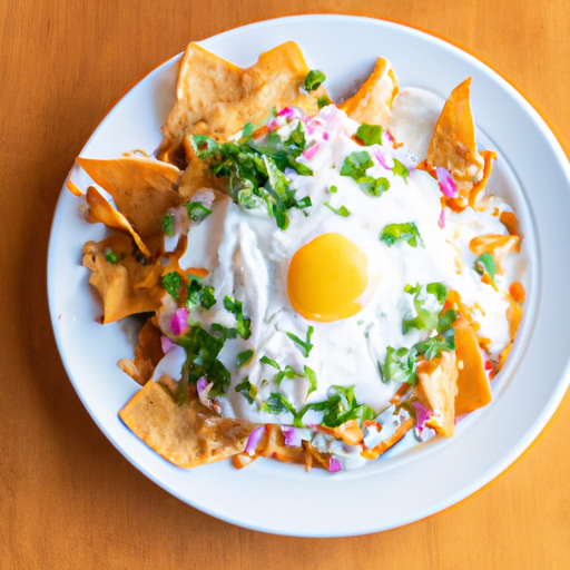 An image showcasing a vibrant plate of chilaquiles, adorned with crispy tortilla chips drenched in tangy green salsa, topped with creamy queso fresco, diced onions, fresh cilantro, and a perfectly fried egg