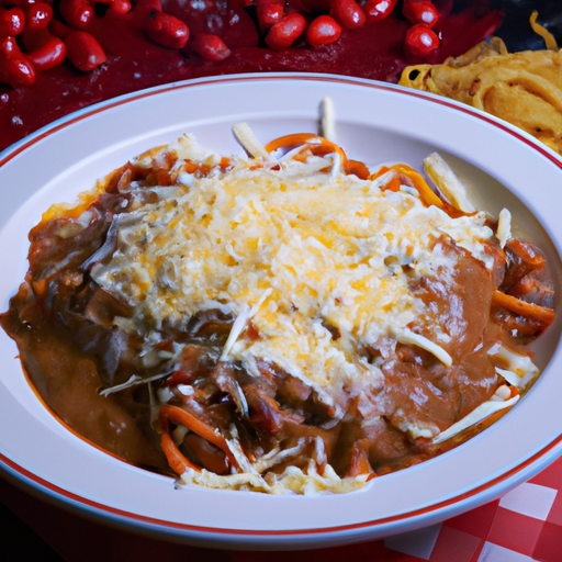 An enticing image showcasing Cincinnati Chili: a steaming bowl of rich, meaty chili topped with finely shredded cheddar cheese, a dollop of creamy sour cream, and a sprinkle of fragrant cinnamon, all served over spaghetti noodles