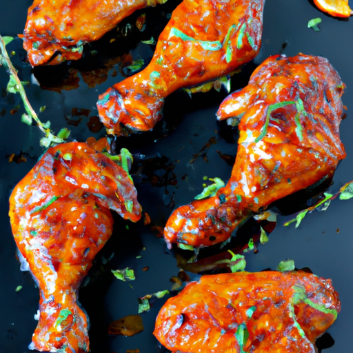 An image that captures the essence of Citrus Soy Chicken Drumsticks: tender, juicy drumsticks glazed with a glossy citrus-soy marinade, glistening under the golden caramelization, adorned with a sprinkle of fragrant herbs