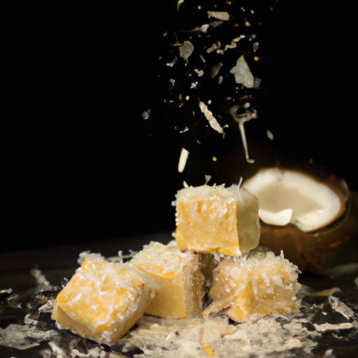 An image that showcases the delicate Coconut Lemon Meltaways, capturing their golden crust adorned with toasted coconut flakes, while a drizzle of tangy lemon glaze cascades down, inviting a mouthwatering taste