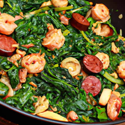 An image that showcases a sizzling skillet filled with vibrant green collards, succulent shrimp, and savory turkey sausage, beautifully intertwined, emanating tempting aromas, inviting readers to indulge in a scrumptious and wholesome meal