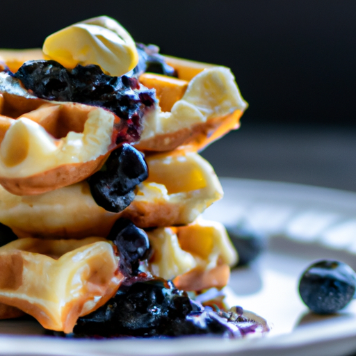 An image that showcases a stack of golden, crispy cornmeal waffles topped with a generous dollop of vibrant, homemade blueberry compote