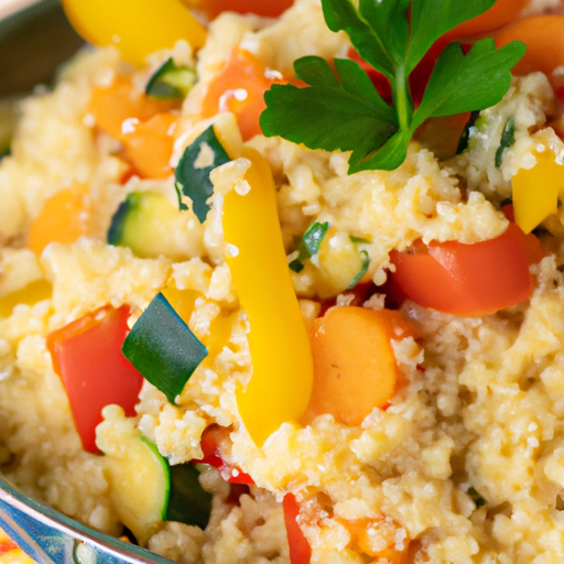 An image showcasing a vibrant bowl of fluffy couscous, adorned with a colorful medley of seven vegetables, including carrots, zucchini, bell peppers, and tomatoes, inviting readers to savor this wholesome and nutritious dish