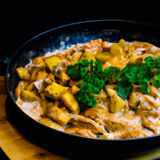 Nt image of a sizzling skillet filled with succulent chunks of golden-brown chicken, coated in a velvety, vibrant yellow curry sauce