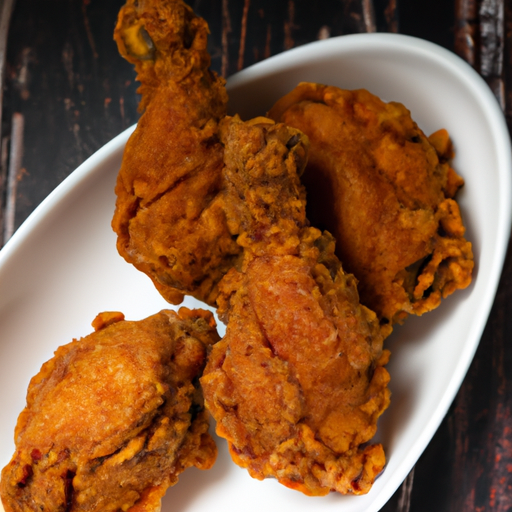 An image that showcases a golden-brown, perfectly crispy buttermilk chicken, with its tantalizingly crunchy exterior glistening in the light, revealing tender and succulent meat beneath