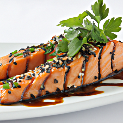 An image showcasing golden-brown salmon fillets, perfectly crisp on the outside, served with a tantalizing drizzle of glossy sesame soy sauce