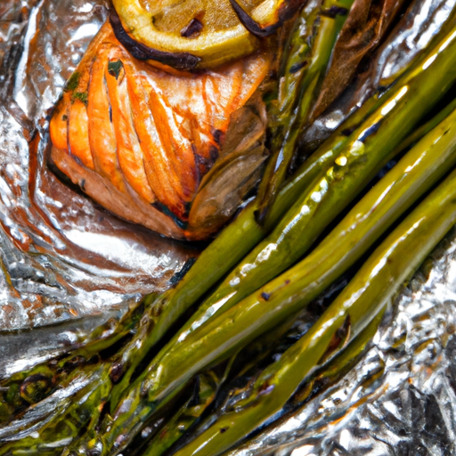 An image that captures the vibrant colors of grilled dilly salmon packets with perfectly roasted asparagus – showcasing the succulent fish wrapped in foil, surrounded by charred edges, and accompanied by tender, green spears