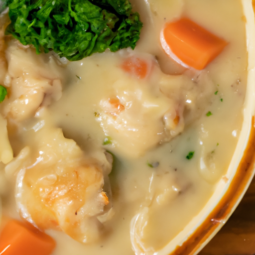 a mouthwatering image of a simmering pot of creamy chicken and dumplings, with tender chunks of chicken, fluffy dumplings, and vibrant vegetables peeking through the velvety broth