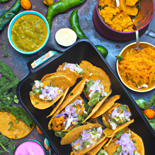 an image capturing the vibrant colors and textures of fish tacos with tomatillo sauce