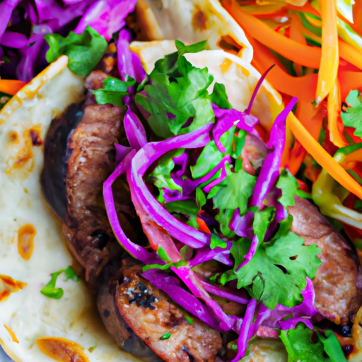 An image capturing the vibrant colors of grilled flank steak tacos topped with a zesty slaw