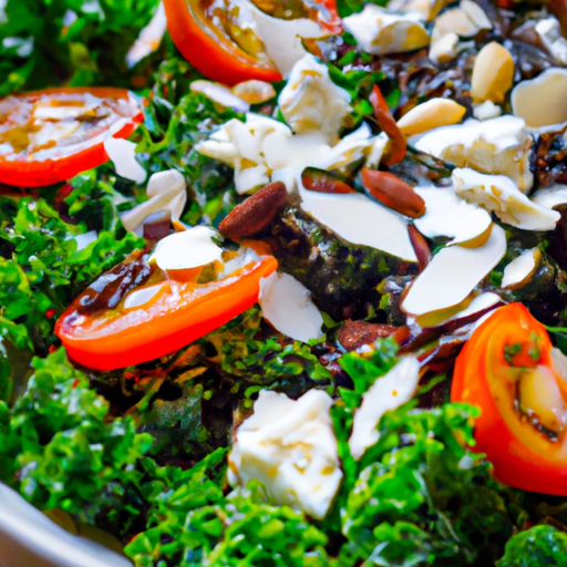 An image showcasing a vibrant bowl of goat cheese kale salad, with a generous mix of deep green kale leaves, crumbled creamy goat cheese, colorful cherry tomatoes, sliced almonds, and a drizzle of tangy balsamic vinaigrette