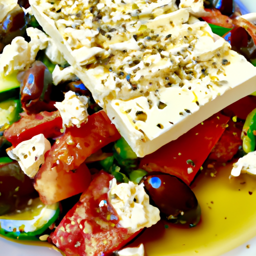 An image capturing the vibrant medley of colors in a Greek salad: a bed of crisp lettuce adorned with juicy tomatoes, crunchy cucumbers, tangy feta cheese, plump Kalamata olives, drizzled with olive oil, and served with warm, golden-brown baked pita on the side