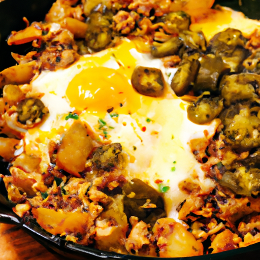 An image that showcases a sizzling cast-iron skillet filled with vibrant green chile hash