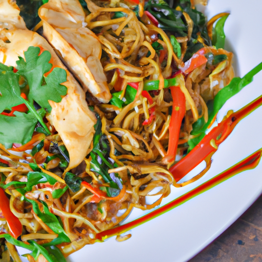 An image of a sizzling, perfectly grilled chicken breast, adorned with vibrant green cilantro and served atop a bed of flavorful, steaming soba noodles, garnished with slices of crisp red bell peppers and drizzled with a tantalizing soy-ginger sauce