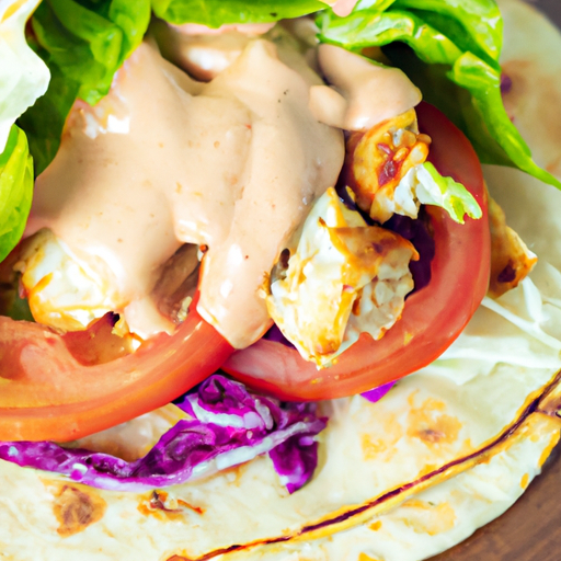 An image of a vibrant grilled chicken pita overflowing with tender marinated chicken, crisp lettuce, juicy tomatoes, and a drizzle of luscious sesame sauce, evoking the delicious flavors of this mouthwatering dish