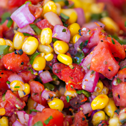 An image capturing the vibrant colors and textures of grilled corn salsa: charred yellow corn kernels mixed with juicy red tomatoes, diced green jalapeños, and chopped purple onions, all tossed together with a squeeze of lime juice