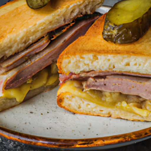 An image capturing the vibrant essence of a Grilled Cuban sandwich: crusty golden bread, layers of succulent roasted pork, thinly sliced ham, tangy pickles, melted Swiss cheese, and a generous slather of mustard