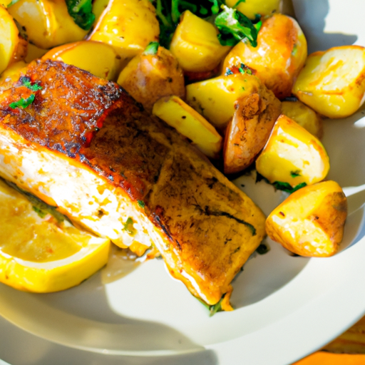 Isite plate of juicy grilled Mahi Mahi, adorned with a vibrant bed of lemon-infused parsley potatoes