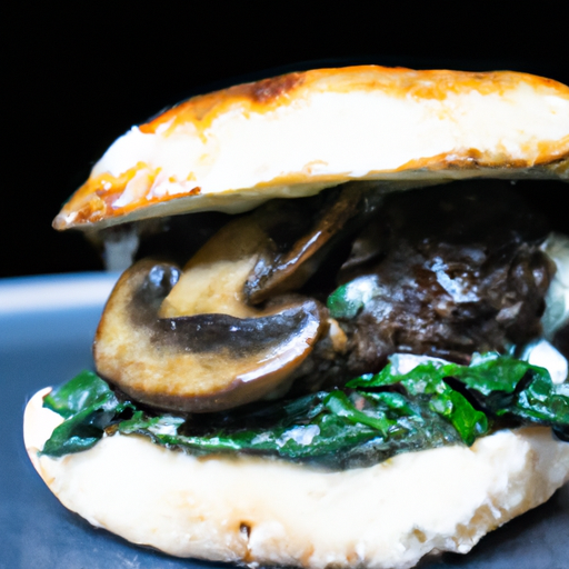 An image showcasing a sizzling, perfectly grilled Portobello mushroom burger, oozing with melted blue cheese