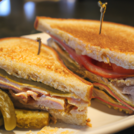 An image showcasing a scrumptious grilled turkey and ham sandwich: thick slices of tender turkey and savory ham layered between toasted bread, adorned with melted cheese, crispy lettuce, juicy tomatoes, and tangy pickles