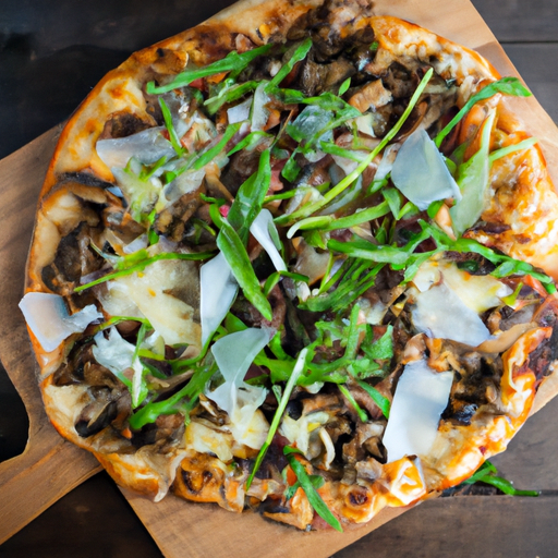 An image that captures the essence of a mouthwatering Gruyere, Wild Mushroom, and Arugula Pizza: a rustic, wood-fired crust topped with melted cheese, earthy wild mushrooms, and vibrant, peppery arugula leaves