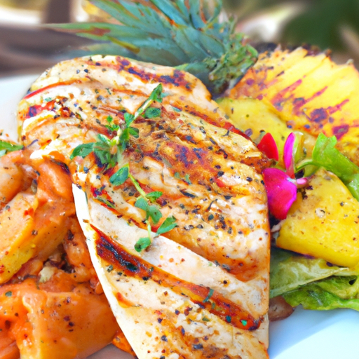 An image of a succulent Hawaiian chicken dish, beautifully plated with vibrant, grilled pineapple slices and colorful tropical garnishes, against a backdrop of lush palm trees swaying in the gentle ocean breeze