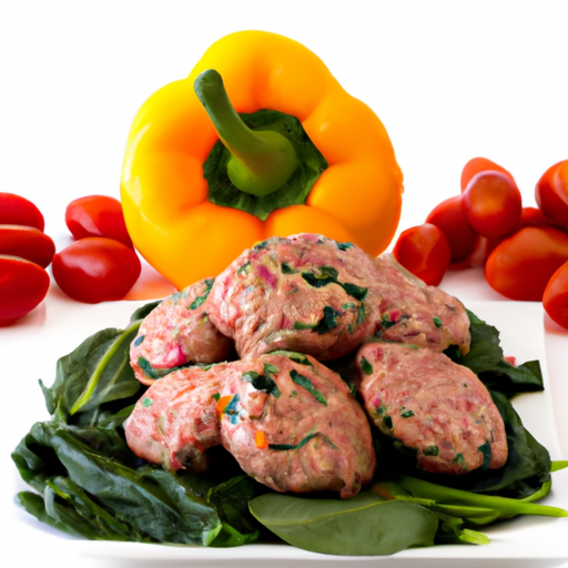 An image of succulent, lean turkey meatballs surrounded by vibrant, nutrient-packed ingredients like colorful bell peppers, leafy spinach, and juicy cherry tomatoes