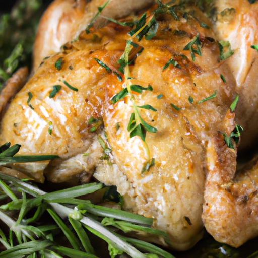 An image showcasing succulent, golden-brown roasted chicken surrounded by vibrant green sprigs of fresh rosemary and thyme