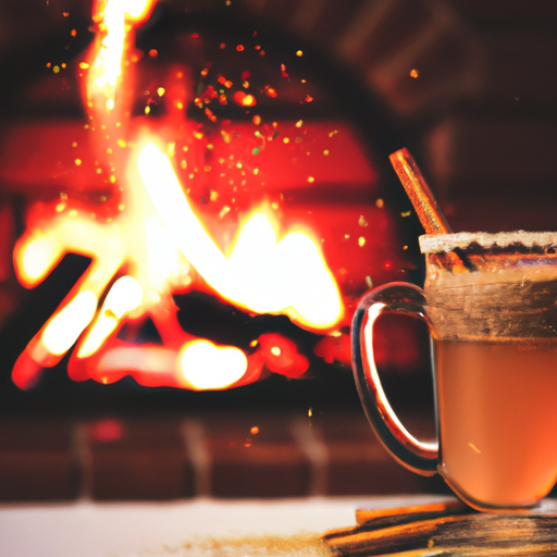 An image showcasing a cozy winter scene: A steaming glass mug, brimming with a velvety hot buttered rum cocktail, adorned with a cinnamon stick and a sprinkle of nutmeg, set against a backdrop of flickering fireplace flames