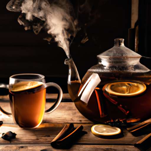 An image showcasing the cozy allure of a Hot Toddy cocktail: a steamy glass adorned with a cinnamon stick, nestled on a rustic wooden table alongside sliced lemons and a vintage teapot emitting fragrant steam
