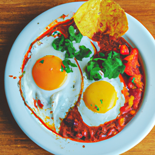 An image capturing the vibrant essence of Huevos Rancheros: a sunny-side-up egg nestled on a bed of warm tortillas, smothered in zesty red salsa, sprinkled with fresh cilantro, and served alongside creamy refried beans and tangy avocado slices