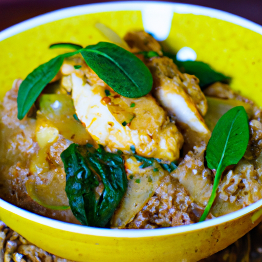 Nt image showcases a steaming bowl of Indian Coconut Chicken Curry with succulent pieces of tender chicken, vibrant green spinach leaves, and fluffy quinoa, all bathed in a rich, creamy coconut curry sauce