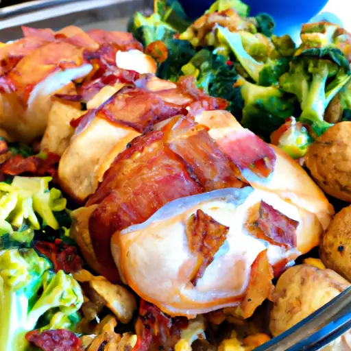 the sizzling perfection of Instant Pot Bacon and Chicken in an enticing image: a succulent chicken breast enveloped in crispy, golden bacon, infused with mouthwatering aromas, and surrounded by a medley of colorful, tender vegetables