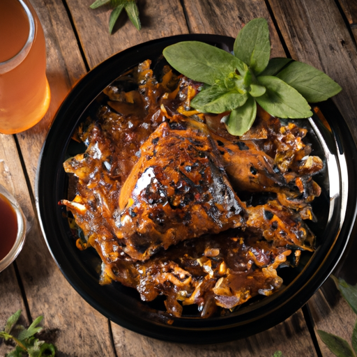 An image showcasing a succulent Instant Pot Beer and Brown Sugar Chicken dish, glistening with a sticky glaze, adorned with caramelized onions, and sprinkled with fresh herbs, all beautifully arranged on a rustic wooden platter