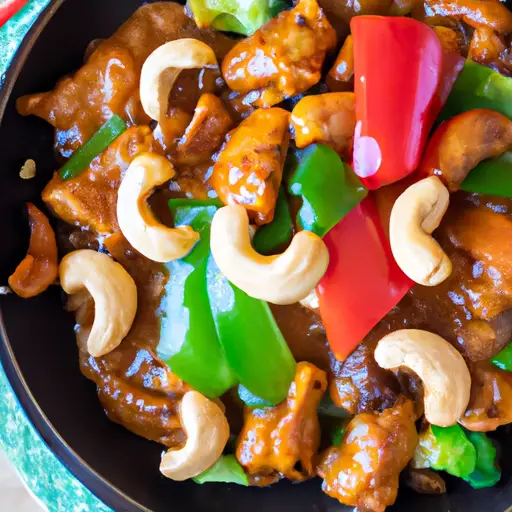 E the essence of Instant Pot Cashew Chicken in a single frame: a sizzling medley of tender chicken chunks, vibrant bell peppers, and crunchy cashews, bathed in a glossy soy-based sauce, all harmoniously mingling in the Instant Pot