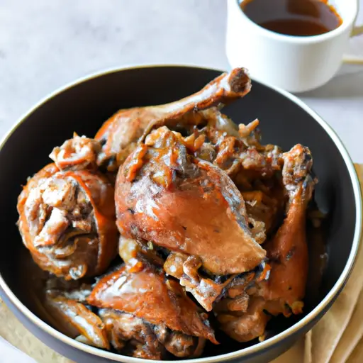 An image showcasing a succulent piece of chicken adobo, cooked to perfection in an Instant Pot