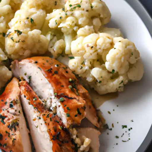 An image showcasing a succulent chicken breast tenderly cooked in an Instant Pot, alongside a bed of perfectly steamed cauliflower florets