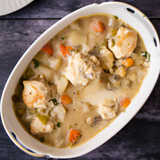 the essence of comfort food with a captivating image of a steamy casserole dish brimming with tender chunks of chicken, fluffy dumplings, and vibrant vegetables, all bathed in a creamy, savory sauce