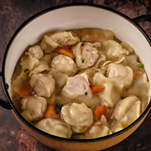 An image of a steaming casserole dish filled with creamy Instant Pot chicken and dumplings