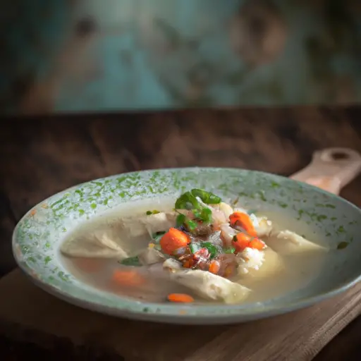 An image featuring a steaming bowl of creamy chicken and dumplings soup, filled with tender chunks of chicken, colorful veggies, and fluffy dumplings, topped with a sprinkle of fresh herbs