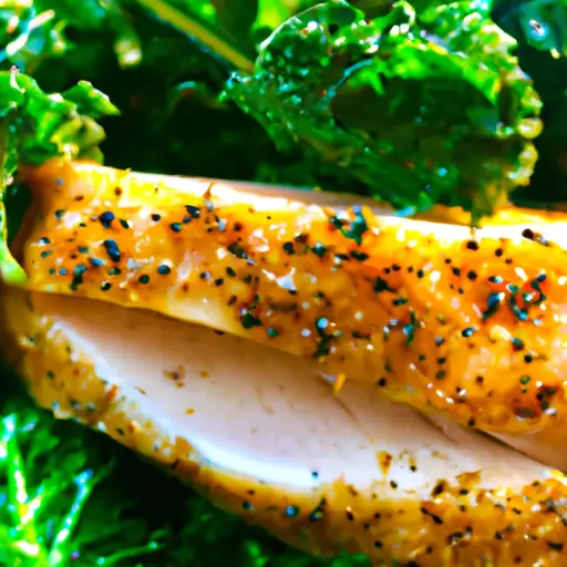 a vibrant image showcasing a succulent chicken breast nestled atop a bed of vibrant, emerald kale leaves