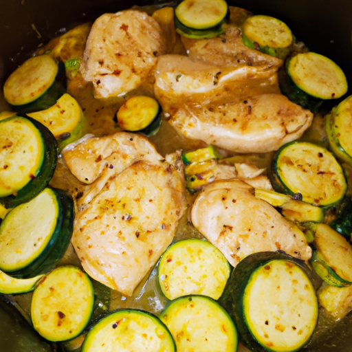 a vibrant image of succulent chicken breasts sizzling in a golden Instant Pot, surrounded by perfectly cooked zucchini slices glistening with a hint of char, all bathed in a fragrant aroma that promises a delicious, healthy meal