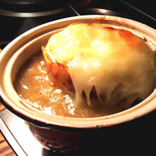 A warm, golden-brown bowl of French Onion Soup, with melting Gruyère cheese and bubbling onions, the steam rising from the Instant Pot