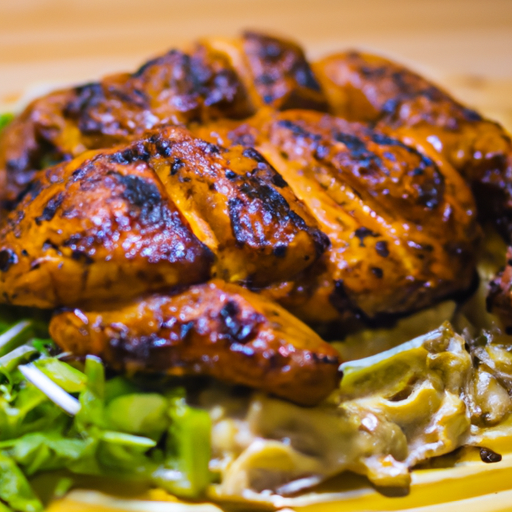 An image showcasing a succulent jerk-style chicken, marinated in aromatic spices like allspice, thyme, and scotch bonnet peppers, perfectly grilled to perfection